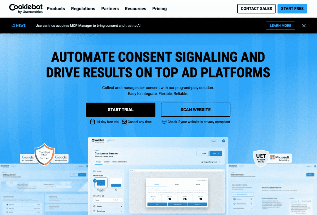 Cookiebot cookie scanning and consent management platform