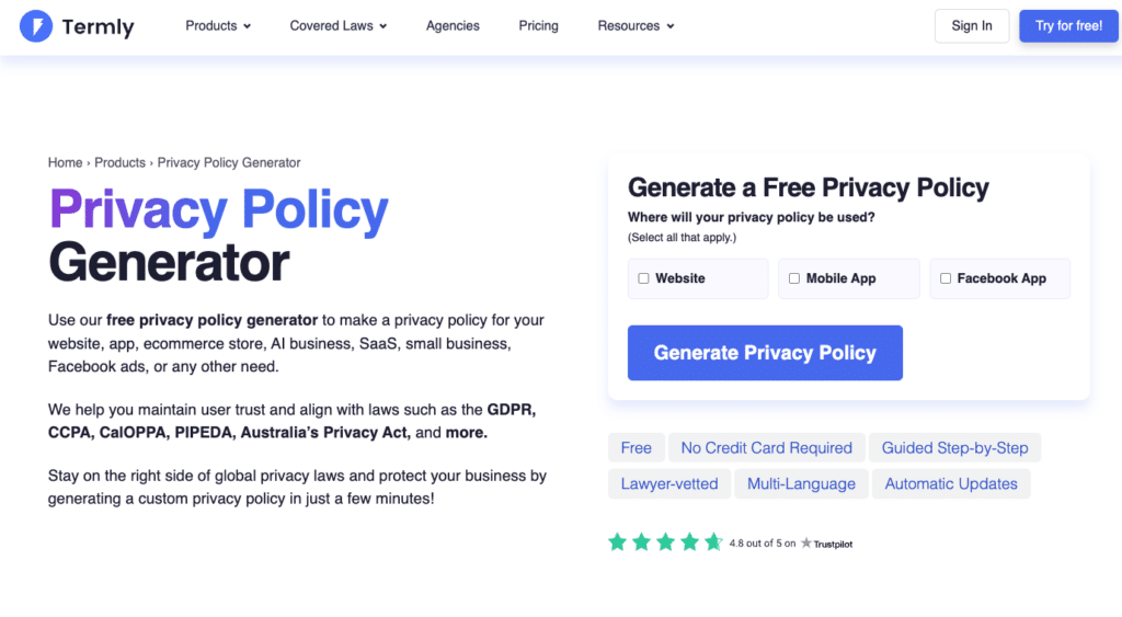 Termly templated privacy policy generator