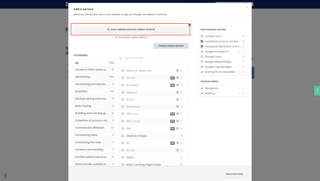 iubenda Site Scanner button within the services window