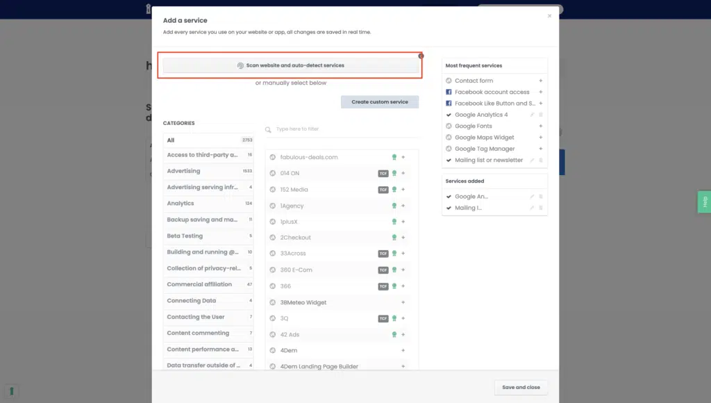 iubenda Site Scanner button within the services window