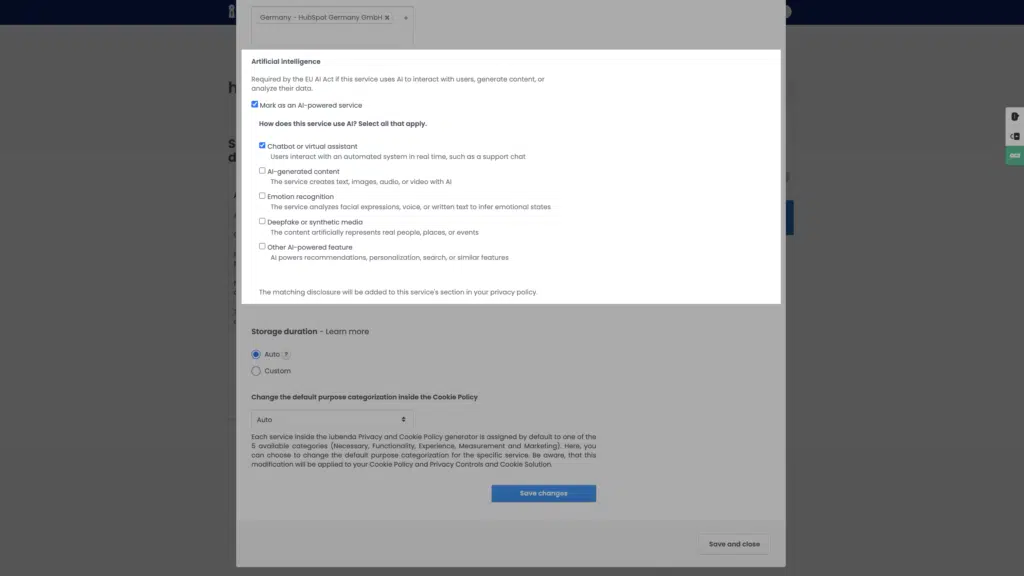 The AI option shown on a service in the iubenda Privacy and Cookie Policy Generator