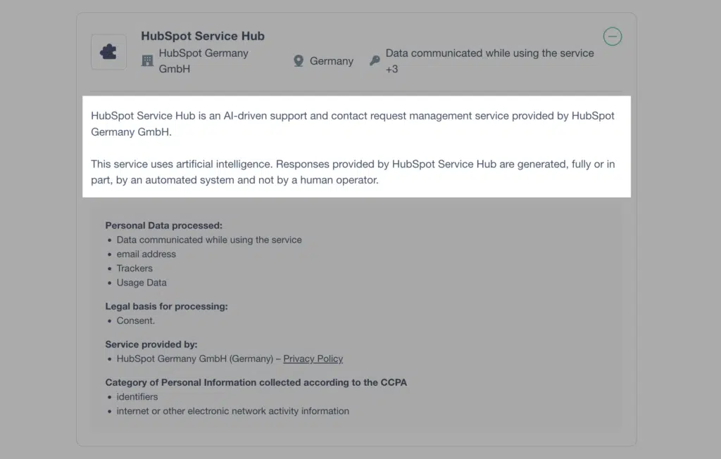 An Article 50 AI disclosure clause generated in a privacy policy
