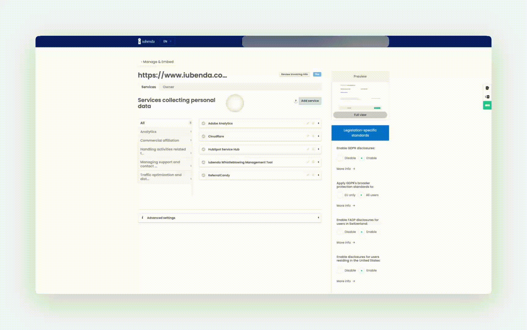 Walkthrough of turning on the AI option for a service and saving the policy