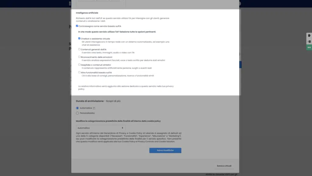 L'opzione AI su un servizio nel Generatore di Privacy e Cookie Policy di iubenda