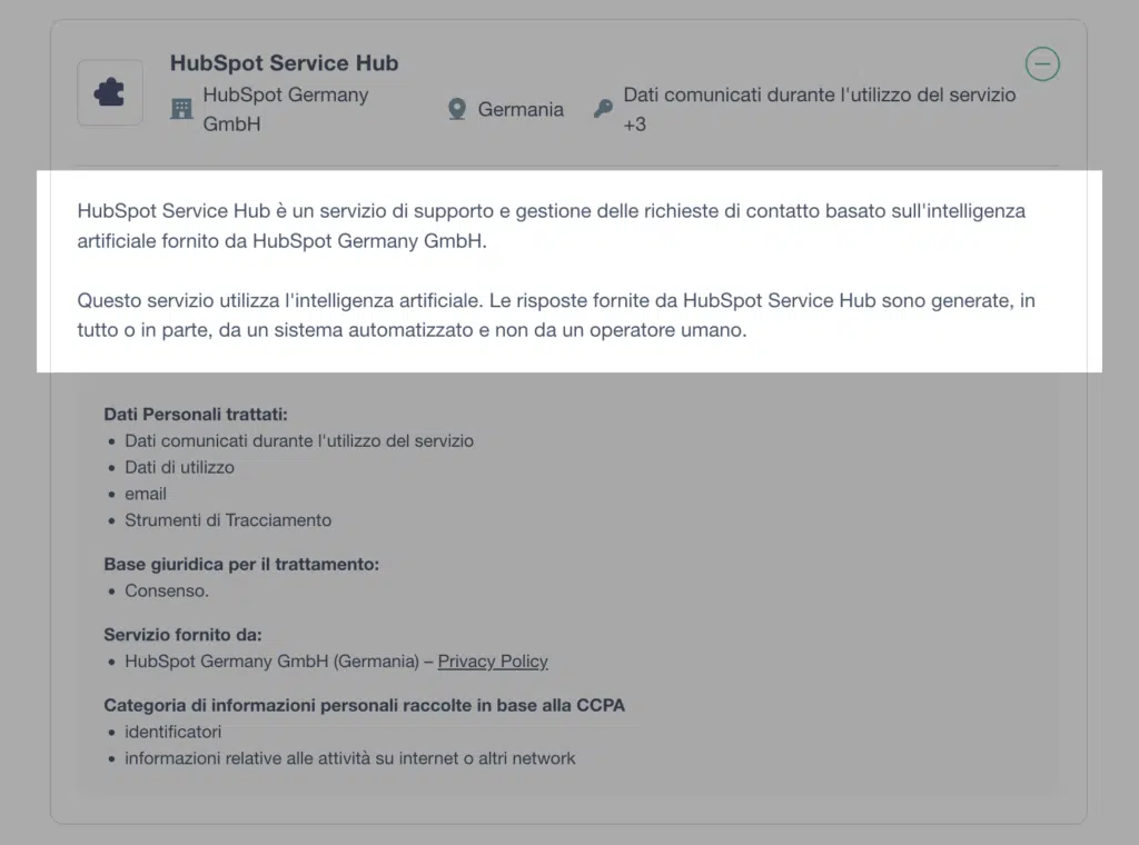 Una clausola di informativa sull'AI generata in una privacy policy secondo l'articolo 50