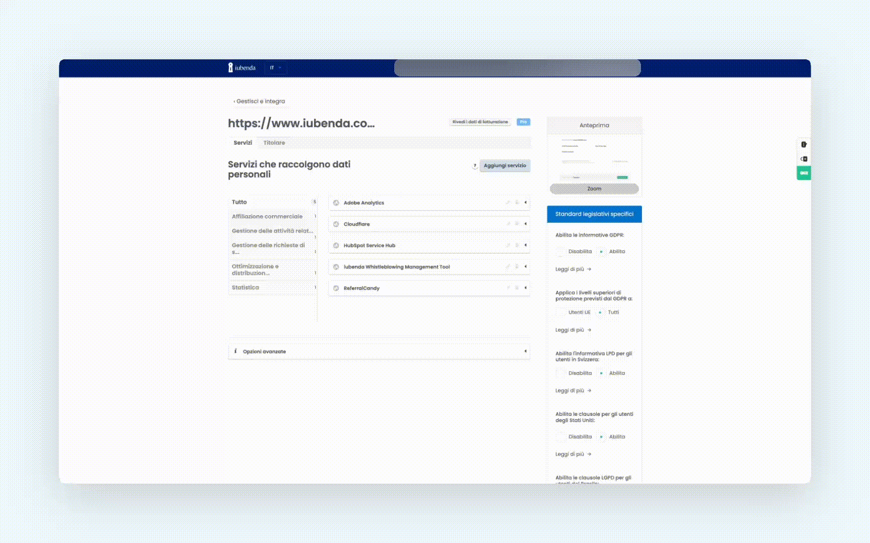 Attivazione dell'opzione AI su un servizio e salvataggio dell'informativa