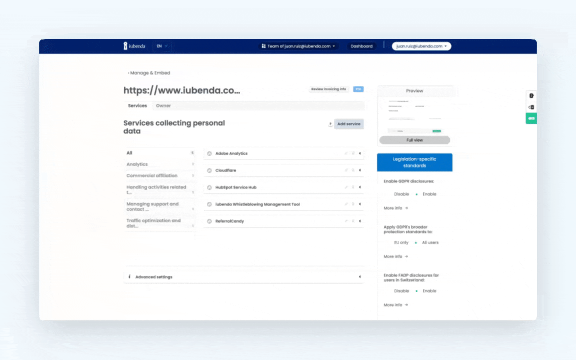 Opening the services window from Add service in the Privacy and Cookie Policy generator