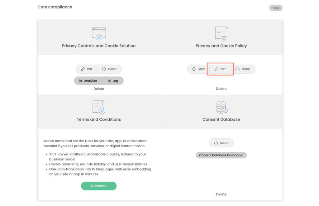 Edit button on the Privacy and Cookie Policy card in the iubenda dashboard