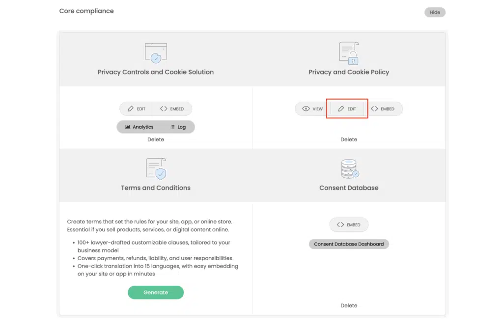 Edit button on the Privacy and Cookie Policy card in the iubenda dashboard