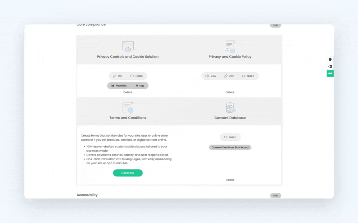 Opening the embedding options for the Privacy and Cookie Policy from the dashboard