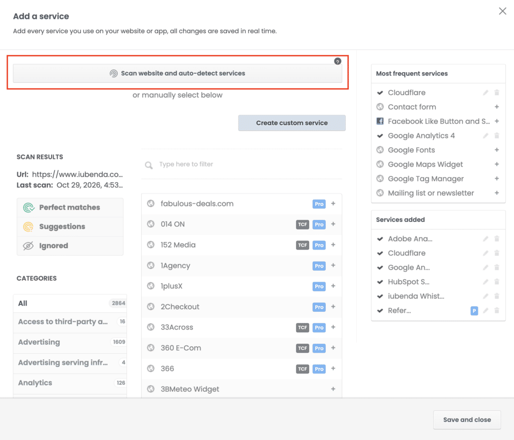 Scan website and auto-detect services button in the Add a service window