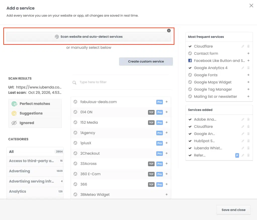 Scan website and auto-detect services button in the Add a service window